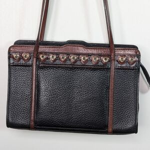 Brighton Leather Shoulder Bag Black Brown Organizer Purse Hearts Accent Zipper